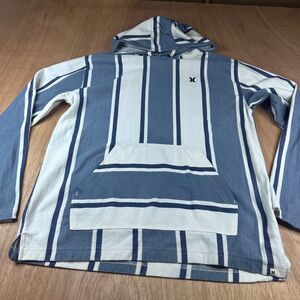 Hurley Baja Surf Hoodie Striped Pullover Blue White Kangaroo Pocket M